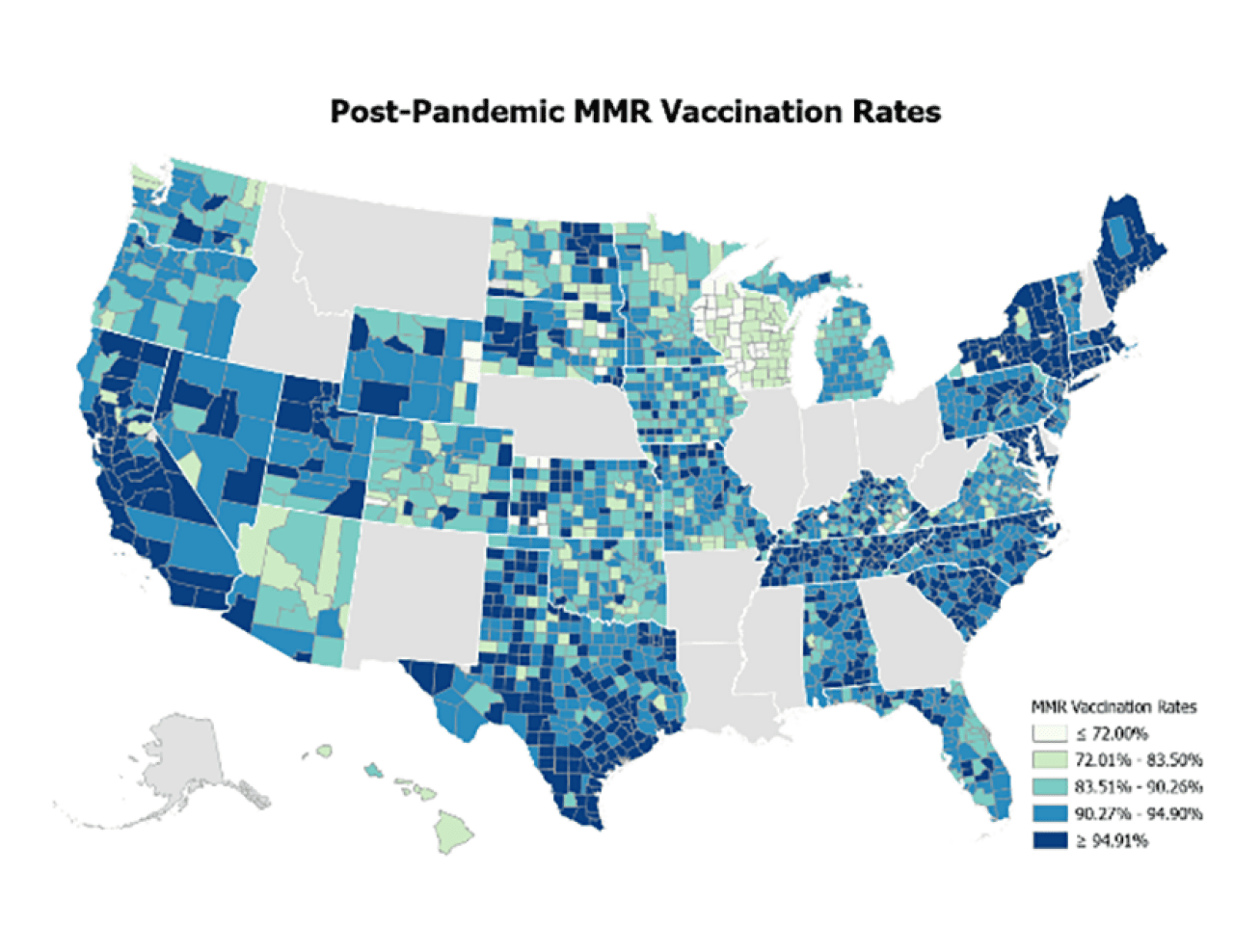 Map showing MMR vaccination rates post-pandemic. 